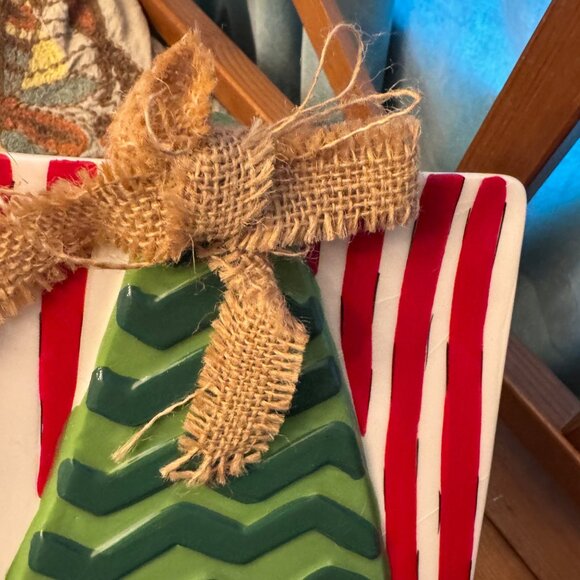 Mud pie Square Christmas tree Dessert plate Burlap Bow New Stripes Holiday RARE - Picture 2 of 10